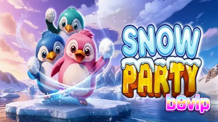 Tampilan visual slot Snow Party yang menampilkan karakter hewan kutub dan grid 7x7 yang ceria.